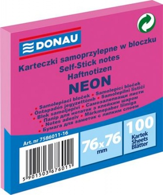 Samolepiaci poznámkový blok, 76x76 mm, 100 listov, DONAU, neónovo ružová