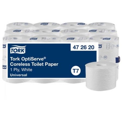 Toaletný papier, bezdutinkový, T7 systém, 1-vrstvový, priemer 13,1 cm, Universal, TORK "OptiServe", biela