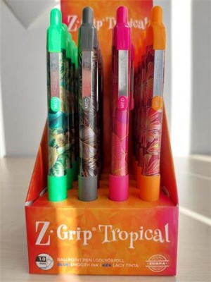 Guľôčkové pero, displej, 0,27 mm, stláčací mechanizmus, ZEBRA "Z-Grip Tropical", kék, 4 rôzne vzory